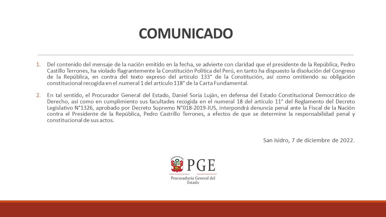 Procurador general del Estado denunció penalmente contra Castillo