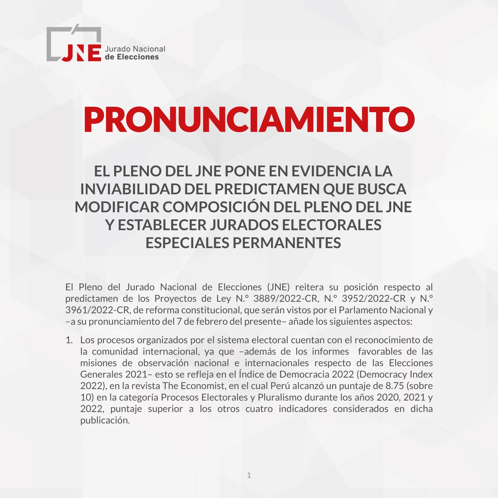 EL PLENO DEL JNE PONE EN EVIDENCIA LA INVIABILIDAD DEL PREDICTAMEN QUE BUSCA MODIFICAR COMPOSICIÓN DEL PLENO DEL JNE Y ESTABLECER JURADOS ELECTORALES ESPECIALES PERMANENTES