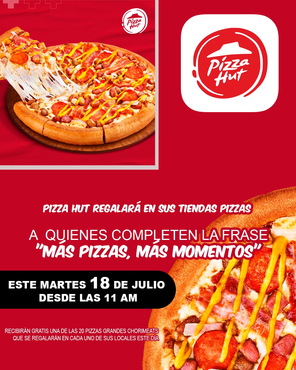 Pizza Hut regalará pizzas a quienes completen la frase «Más pizzas, más momentos» en sus tiendas