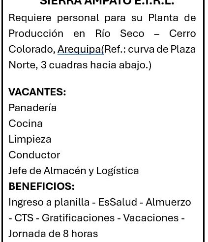 ¡TRABAJA CON NOSOTROS! SIERRA AMPATO E.I.R.L.